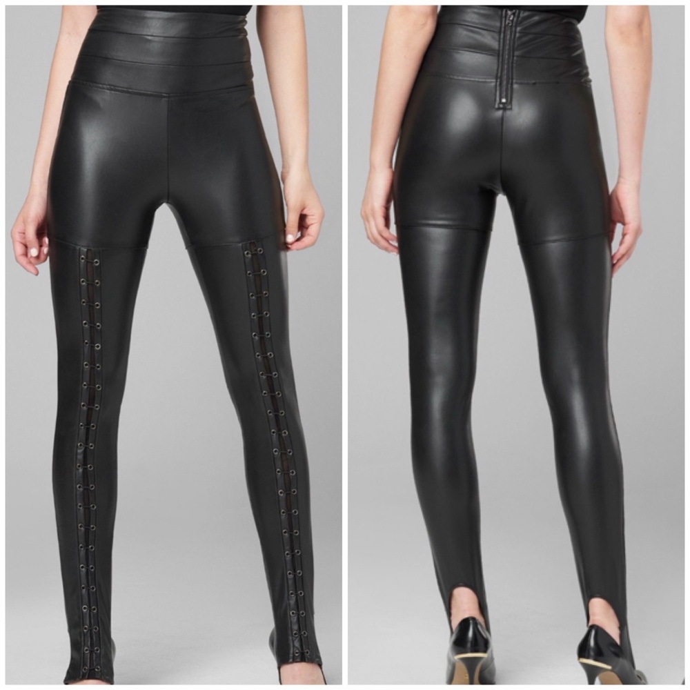 🖤 Bebe Black High-Waisted Wide Banded Leather Lace-Up Grommets Stirrup Leggings